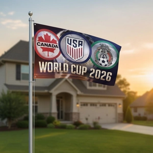 2026 World Cup commemorative flag with USA Canada Mexico logos on a blue background