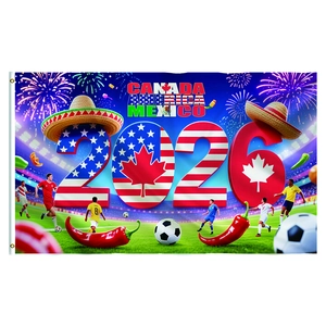 Official 2026 World Cup flag banner with Canada, USA, and Mexico flags and metal grommets