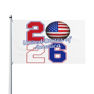 Official 2026 World Cup United States commemorative white soccer flag with silver flagpole