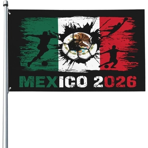Mexico 2026 World Cup flag featuring eagle soccer logo and vibrant green red splash design