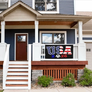USA 2026 World Cup banner with stars and stripes on white porch railing backdrop