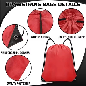 Red polyester drawstring backpack with PU leather reinforced corners and metal eyelets