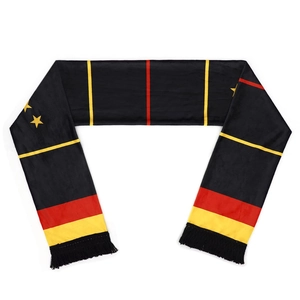 Germany world cup fan scarf with black red yellow stripes and star details on white background