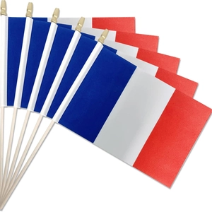 Set of seven French hand-held flags with blue white red stripes and gold tips