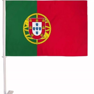 Drapeau de voiture du Portugal avec emblème national et mât en plastique pour supporters