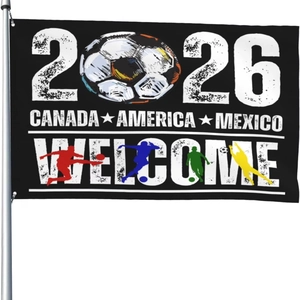 2026 World Cup soccer fan flag 90x150cm with Canada Mexico USA names and player silhouettes