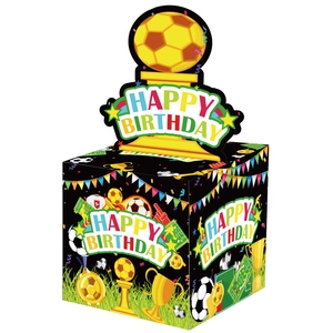 Close-up of a 2026 World Cup soccer theme birthday gift box with a pop-up trophy design