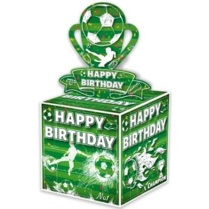 Detail of soccer themed birthday money box with trophy topper and champion design