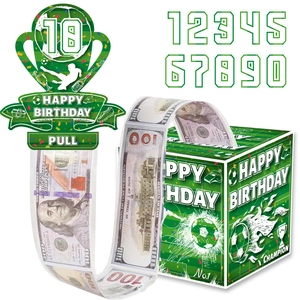 Macro detail of World Cup soccer themed birthday money pull box kit with stickers