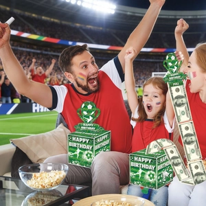 Soccer themed happy birthday money pulling box for party celebrations and gifts