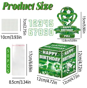 Size chart showing soccer theme gift box, trophy topper, bags, and stickers for party kit