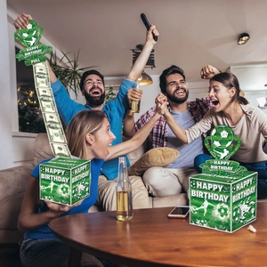 Action shot of friends cheering with a football-themed birthday money pull gift box