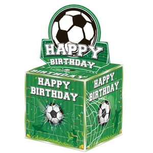 Macro view of soccer-themed Happy Birthday gift box with football field print and pop-up card