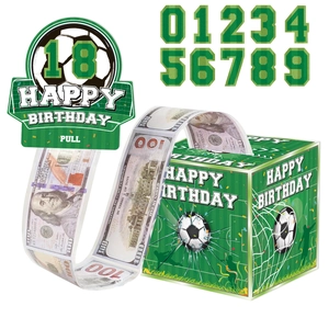 Soccer themed Happy Birthday money pull box set with green sports design and fake dollar roll