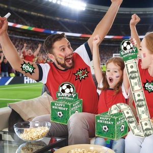 Soccer-themed Happy Birthday money pull box with football cake toppers and dollar bills