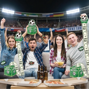 Soccer theme birthday money pull box kit with friends celebrating at a festive party