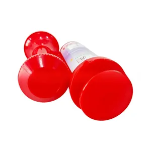 Close-up of red plastic air horn with safety instruction label and football icon