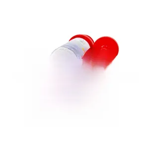 Macro view of red stadium air horn showing the pump handle and noise maker components