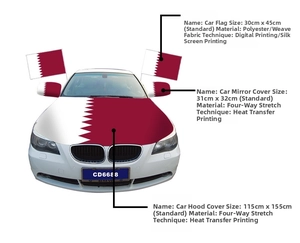 Qatar car flag kit with hood cover and mirror socks showing detailed dimensions