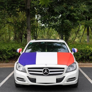 Front view of France flag car hood cover and rearview mirror covers on a white vehicle