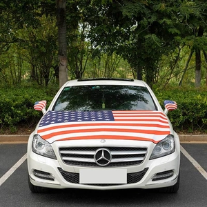 Detail of high-elastic USA flag car hood cover and side mirror covers on vehicle