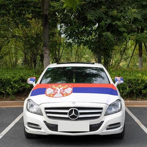 Elastic Serbia flag car hood cover and mirror covers kit displayed on a white car