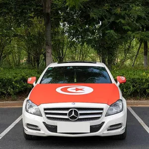 Close-up of Tunisia flag hood cover and mirror covers on a white sedan car