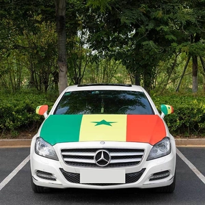 Close-up of Senegal flag car hood cover and mirror socks set on a silver car