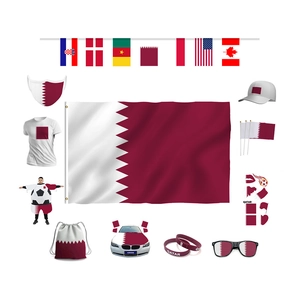 Qatar World Cup fan kit including flag, scarf, cap, and accessories in red and white