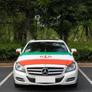 Elastic Iran flag car hood cover and side mirror caps set on a silver sedan