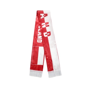 Detail of Poland football fan scarf with silky satin finish, red-white colors and tassels