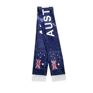 Close-up of Australia satin football scarf featuring national flag and white tassels