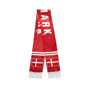 Detailed view of red Denmark football scarf with satin finish and white fringes