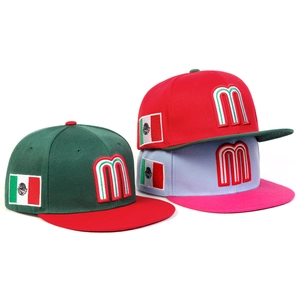 Close-up of 3D embroidery and Mexican flag patch on various colorful baseball caps
