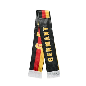 Detailed view of Germany fan scarf with black red gold stripes and white fringe