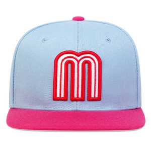 Close-up of the detailed 3D embroidery on the blue and pink hip hop baseball cap
