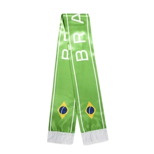 Detail of a green Brazil satin supporter scarf with white fringe and country flag logo