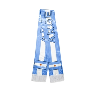 Detailed view of Argentina soccer scarf featuring light blue stripes and white tassels