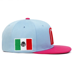 Detail of Mexico flag embroidery on a two-tone blue and pink flat brim baseball cap