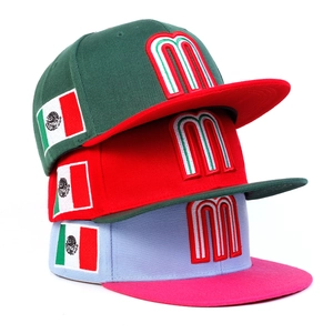 Detailed embroidery of letter M and Mexican flag on flat brim baseball caps