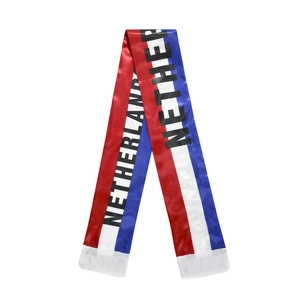 Close-up of a glossy polyester Netherlands football fan scarf with white fringe detail