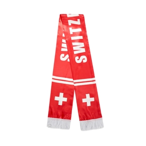 Detail view of red Switzerland soccer fan scarf with white fringe and satin texture