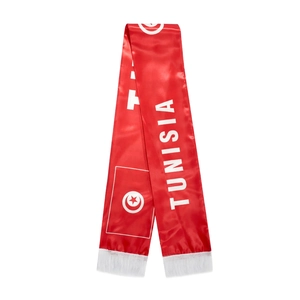 Detailed view of Tunisia soccer fan scarf in red and white satin fabric with white tassels