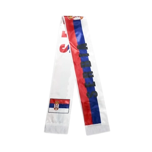 Detail of silk Serbia football fan scarf with red, blue, white stripes and white tassels