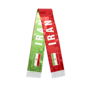 Close-up of Iran World Cup football fan scarf with silky fabric, national flag and white tassels
