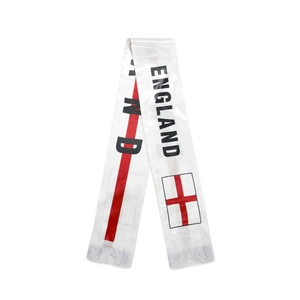 Close-up of England football fan scarf with St George's Cross and white tassels