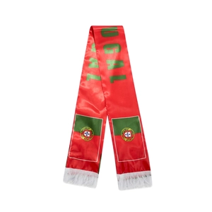 Detail view of smooth polyester Portugal soccer scarf with vivid red satin finish and fringe
