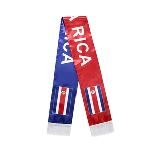 Detail view of Costa Rica football fan scarf with satin finish, tassels, and national flag