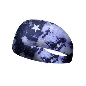 Detail of high-stretch sports headband with blue camouflage pattern and white stars