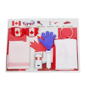 Complete 6-piece Canada cheering set with maple leaf flag, scarf, and fan accessories